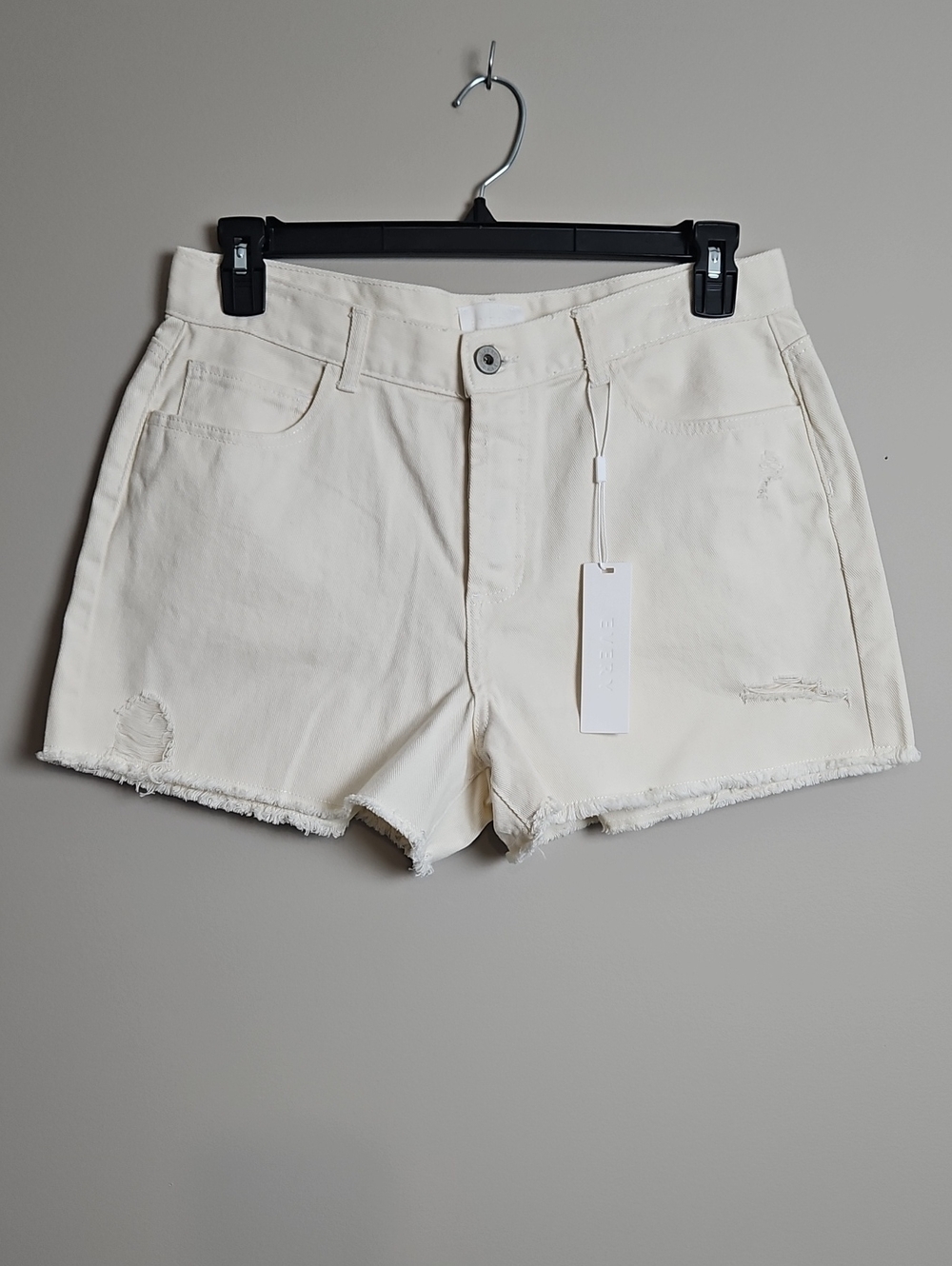 Every Raw Hem Distressed Button Front Denim Shorts:Color-Off White/Cream:Size-12